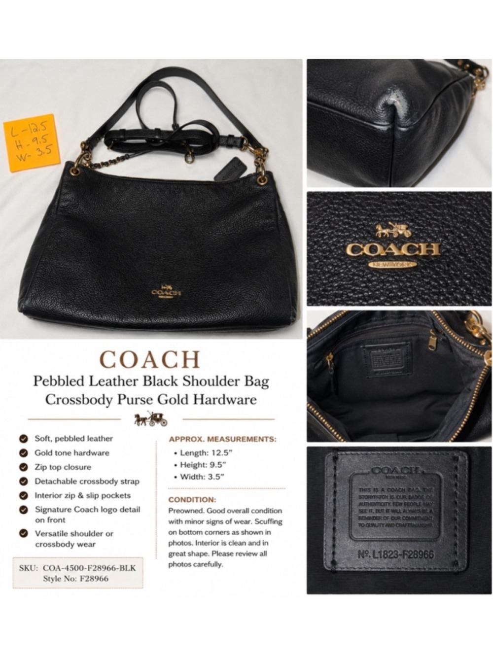 Coach Pebbled Leather Shoulder Bag Black Gold Hardware Crossbody Purse F28966 - Picture 11 of 11
